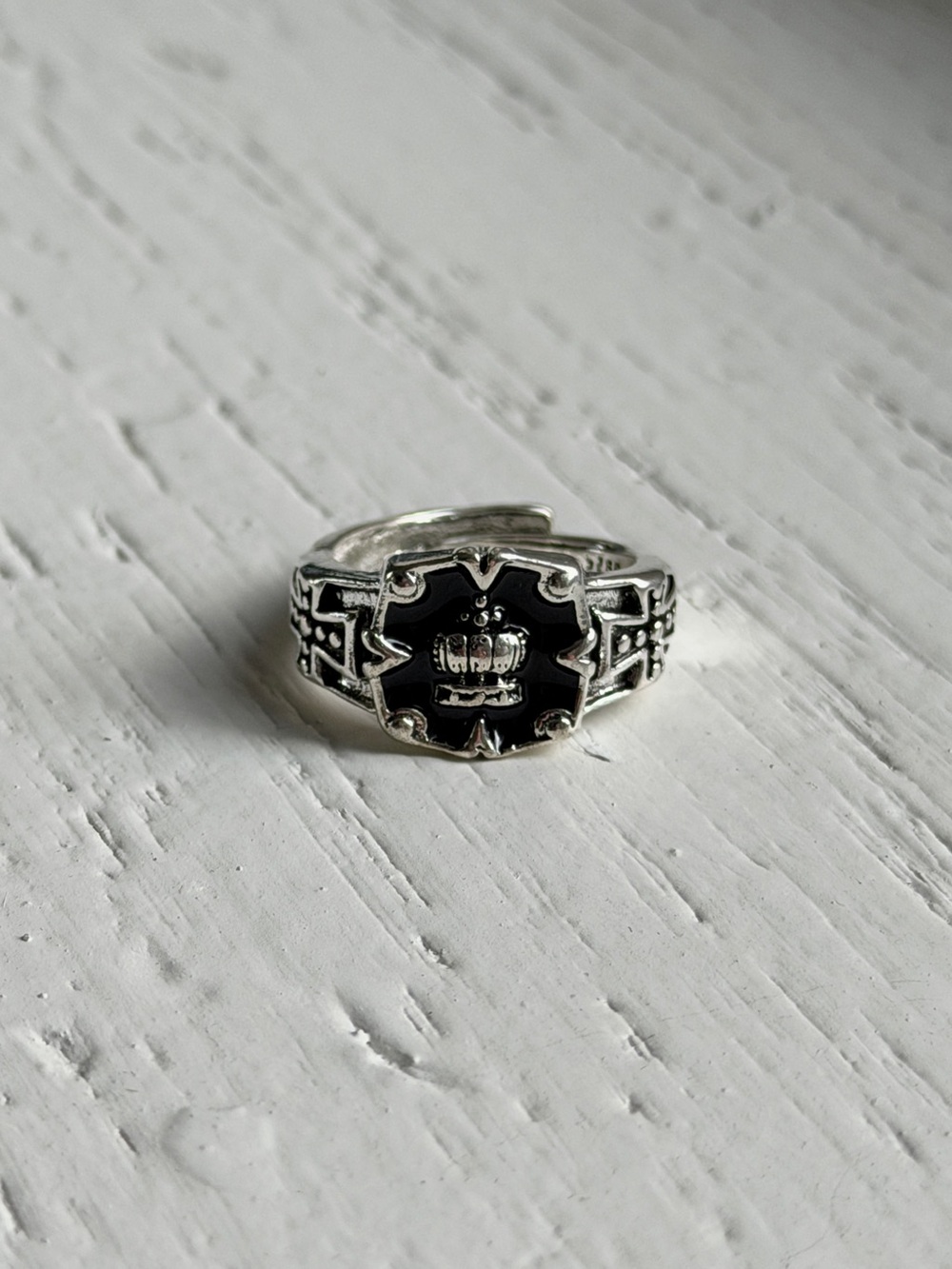 Men's Silver Tone Crown Signet Ring with Black Enamel